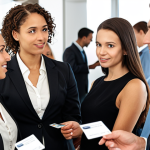 **

A person confidently presenting at a networking event, surrounded by other professionals. Focus on the positive atmosphere and the exchange of business cards. Illustrate the concept of "strategic networking as a secret weapon" for job searching.

**