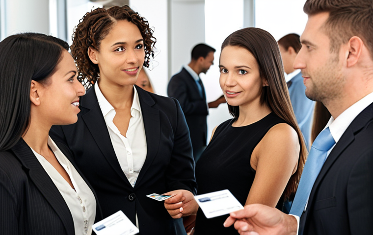 **
A person confidently presenting at a networking event, surrounded by other professionals. Focus on the positive atmosphere and the exchange of business cards. Illustrate the concept of "strategic networking as a secret weapon" for job searching.
**