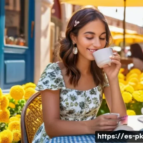 직업 변화에 대한 리더십 전략 - **A young woman in her early 20s, sitting at an outdoor café in Seville, Spain. She is wearing a mod...