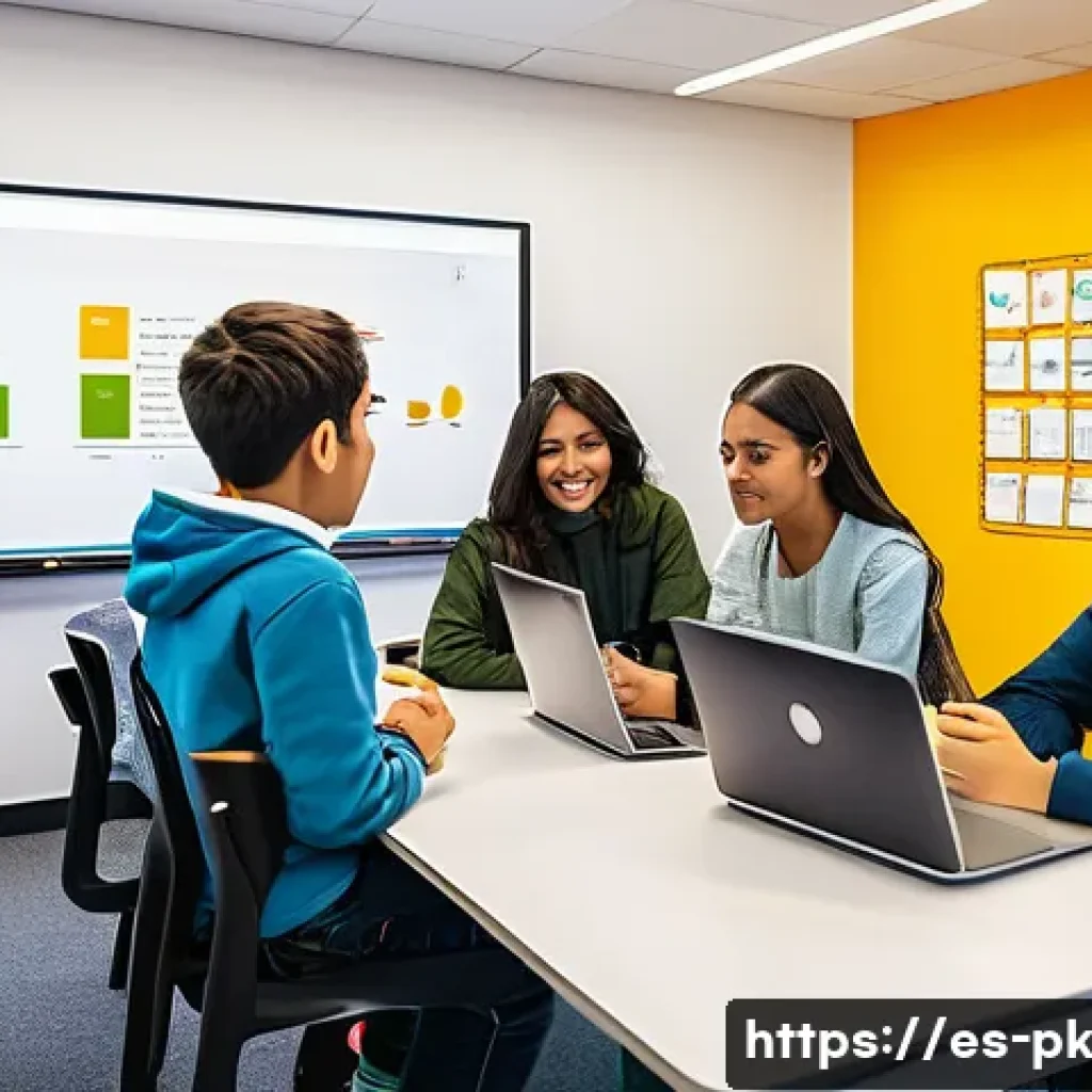 기술 변화에 대응하는 인재 양성 방안 - A vibrant modern classroom scene in a Spanish-speaking country showing diverse young students engage...