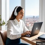 원격 근무 시대의 직업 변화 - A modern Spanish home office setup featuring a young professional woman wearing casual business atti...