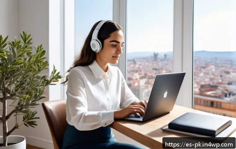 원격 근무 시대의 직업 변화 - A modern Spanish home office setup featuring a young professional woman wearing casual business atti...